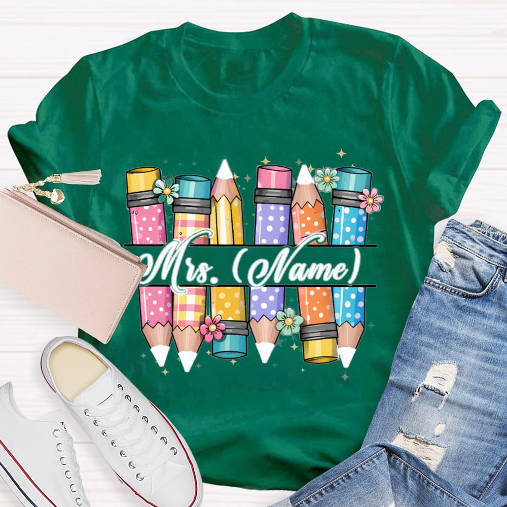 Personalized Name Colorful Pencils Teacher T-shirt