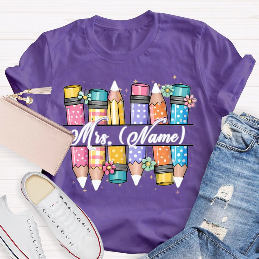 Personalized Name Colorful Pencils Teacher T-shirt