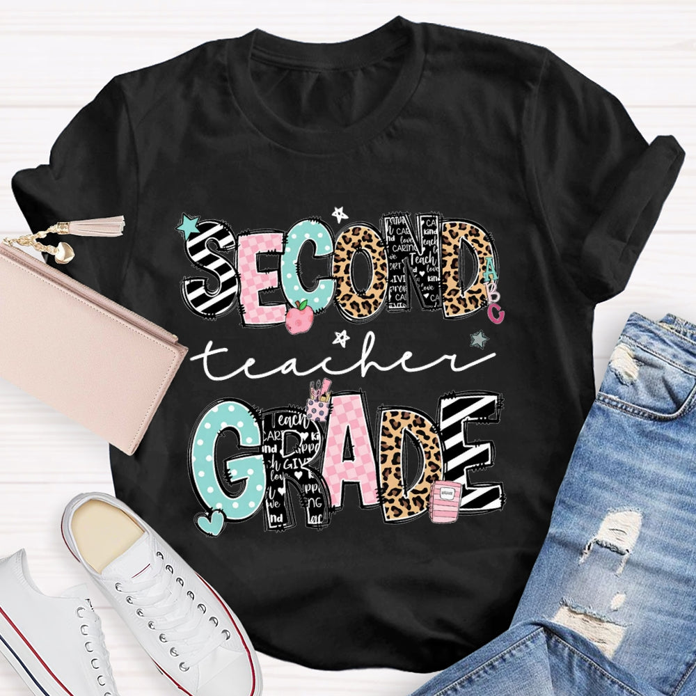 Personalized Name And Grade Second Grade Stripes And Leopard Print T-shirt
