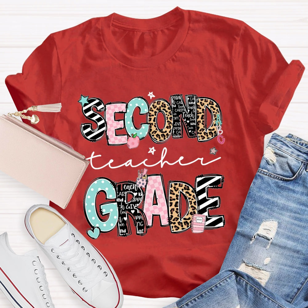 Personalized Name And Grade Second Grade Stripes And Leopard Print T-shirt