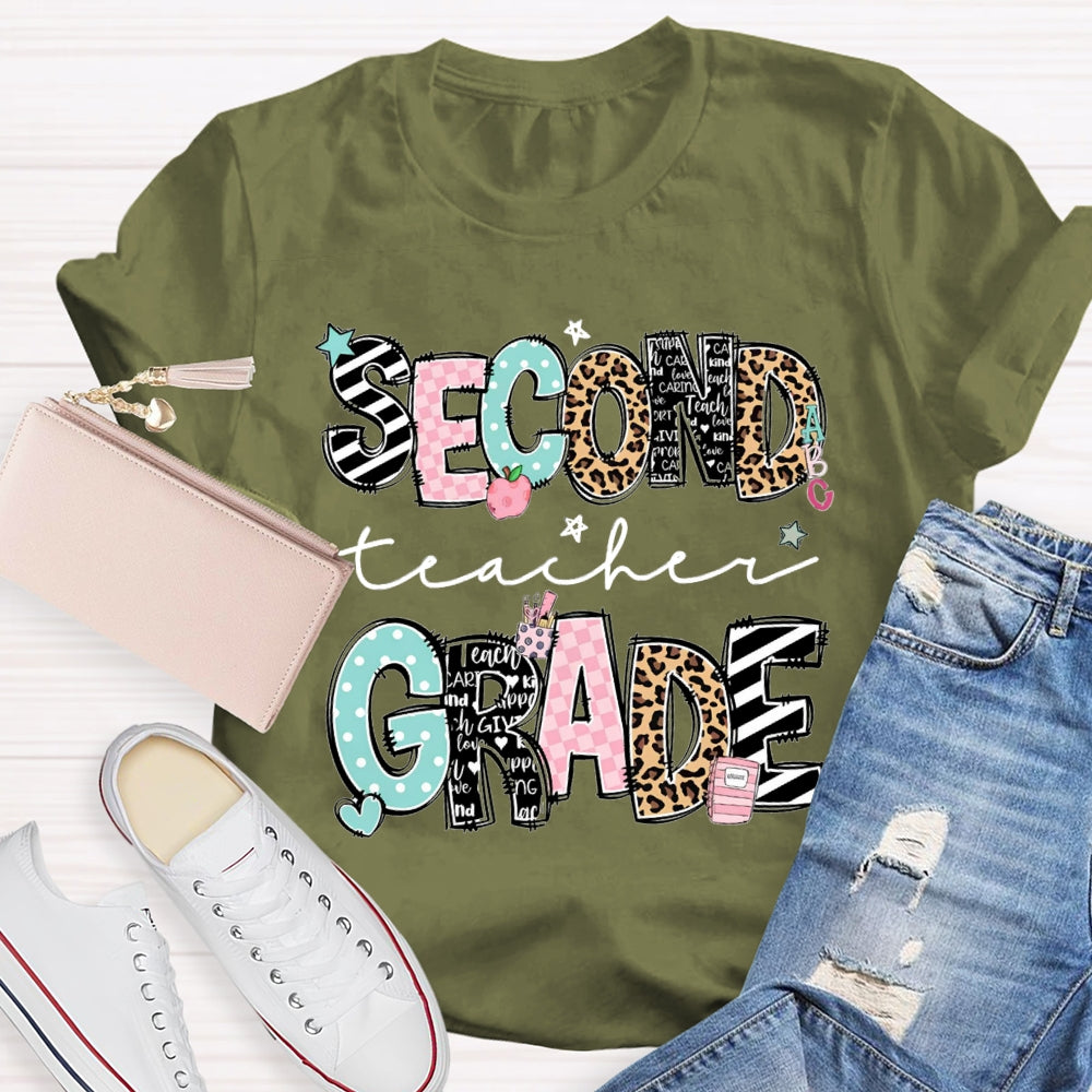 Personalized Name And Grade Second Grade Stripes And Leopard Print T-shirt