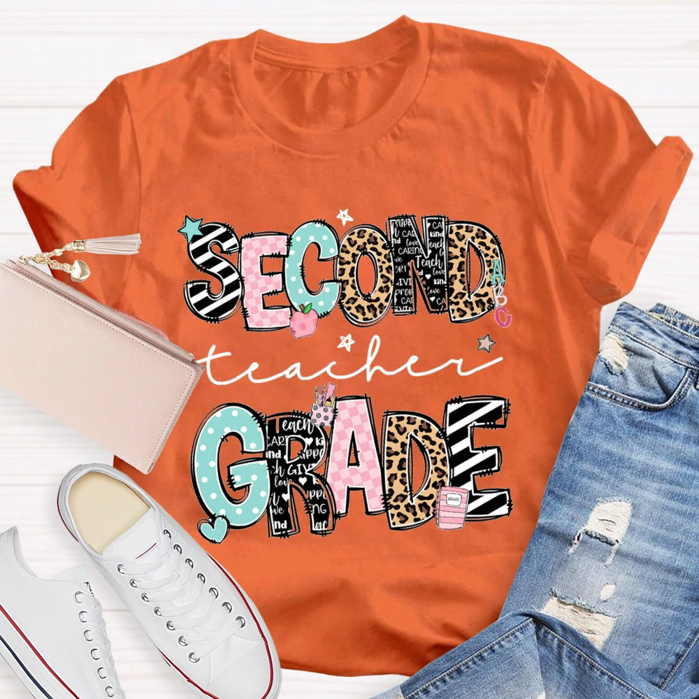 Personalized Name And Grade Second Grade Stripes And Leopard Print T-shirt