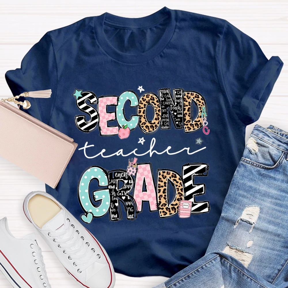 Personalized Name And Grade Second Grade Stripes And Leopard Print T-shirt