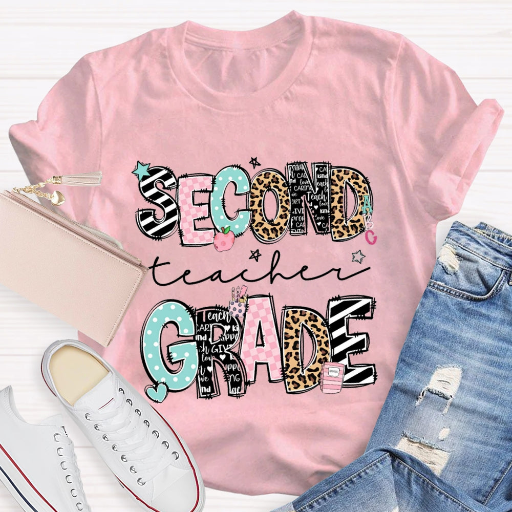 Personalized Name And Grade Second Grade Stripes And Leopard Print T-shirt