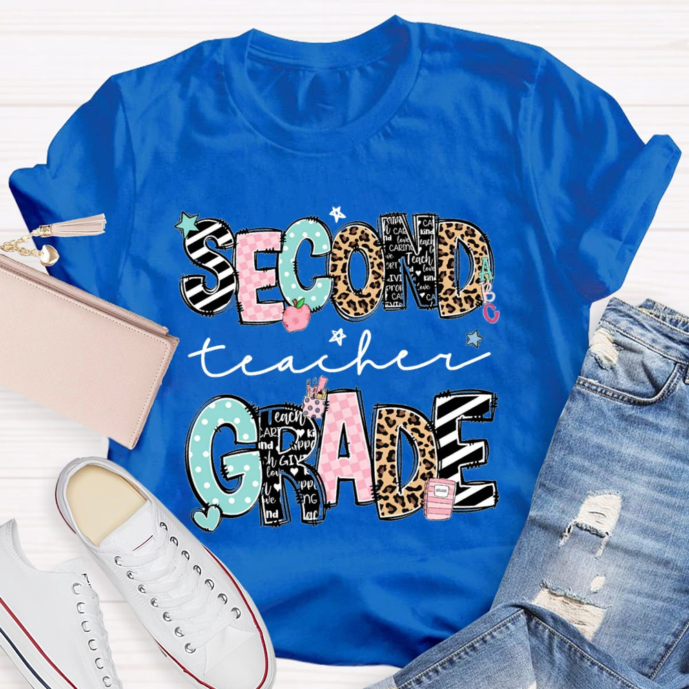Personalized Name And Grade Second Grade Stripes And Leopard Print T-shirt