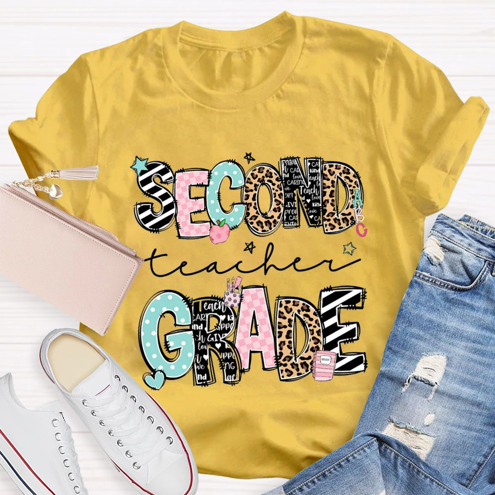 Personalized Name And Grade Second Grade Stripes And Leopard Print T-shirt