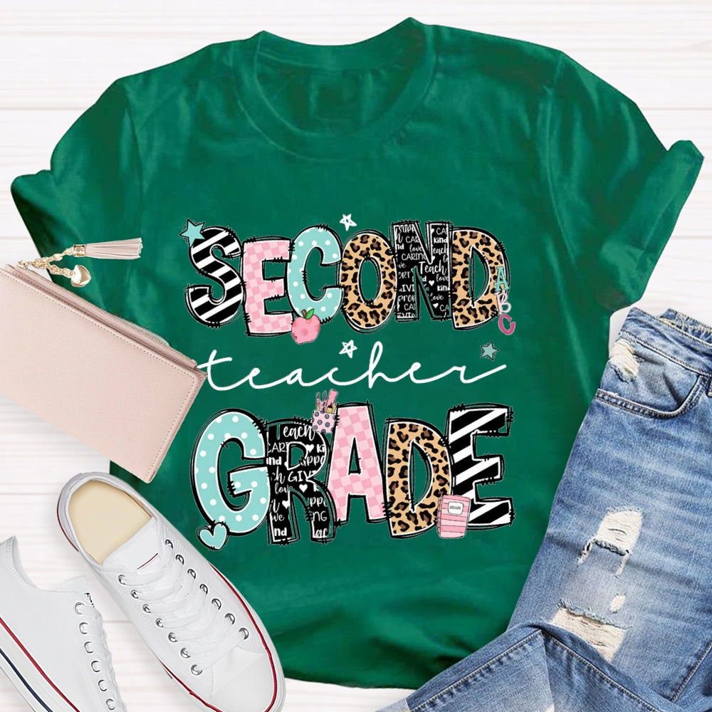 Personalized Name And Grade Second Grade Stripes And Leopard Print T-shirt