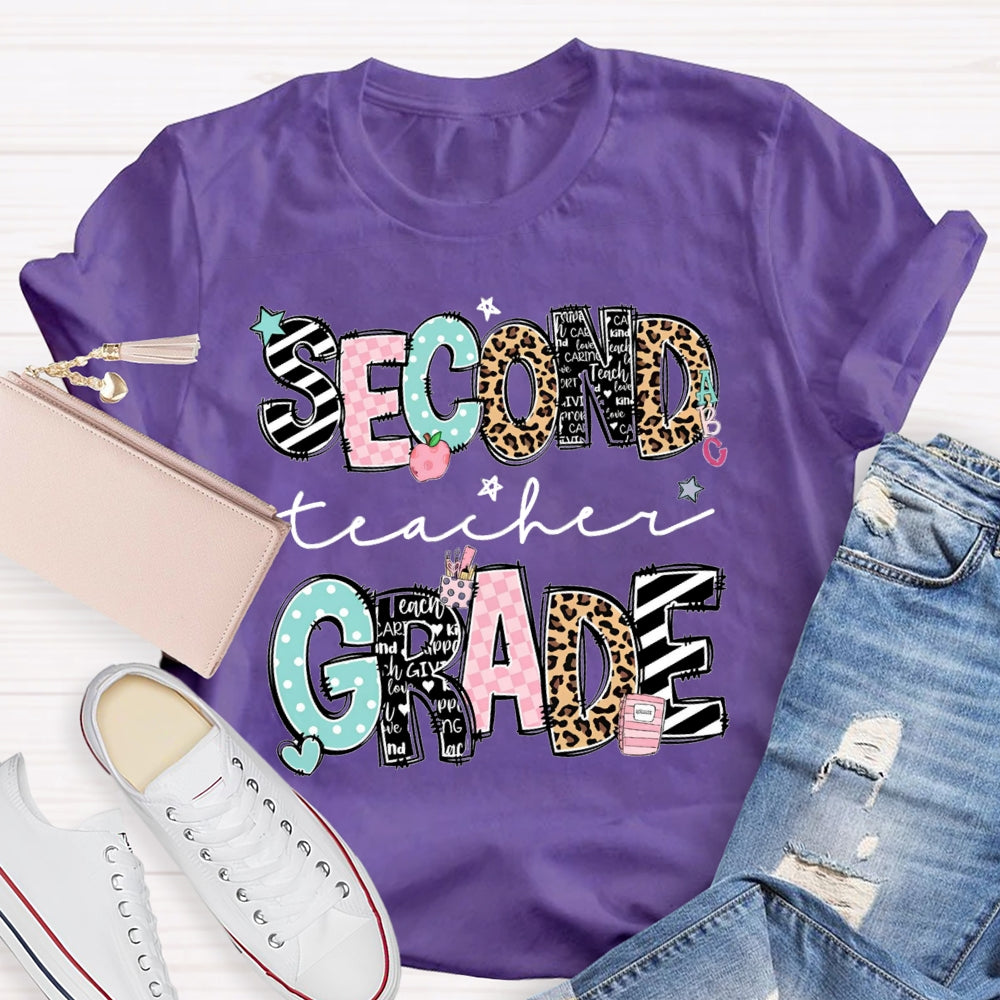 Personalized Name And Grade Second Grade Stripes And Leopard Print T-shirt