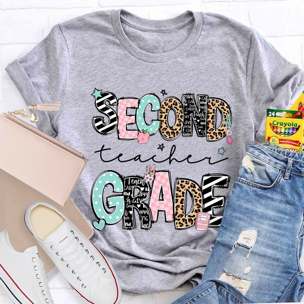 Personalized Name And Grade Second Grade Stripes And Leopard Print T-shirt