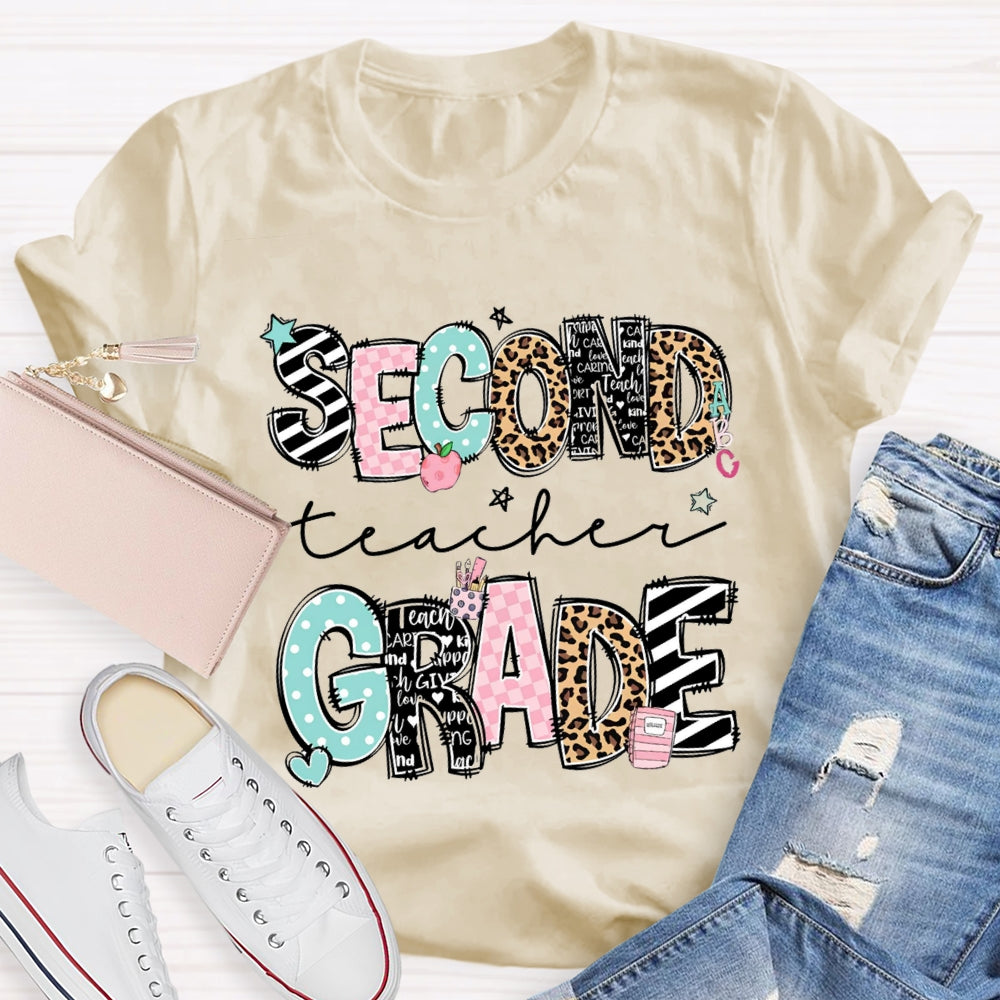 Personalized Name And Grade Second Grade Stripes And Leopard Print T-shirt