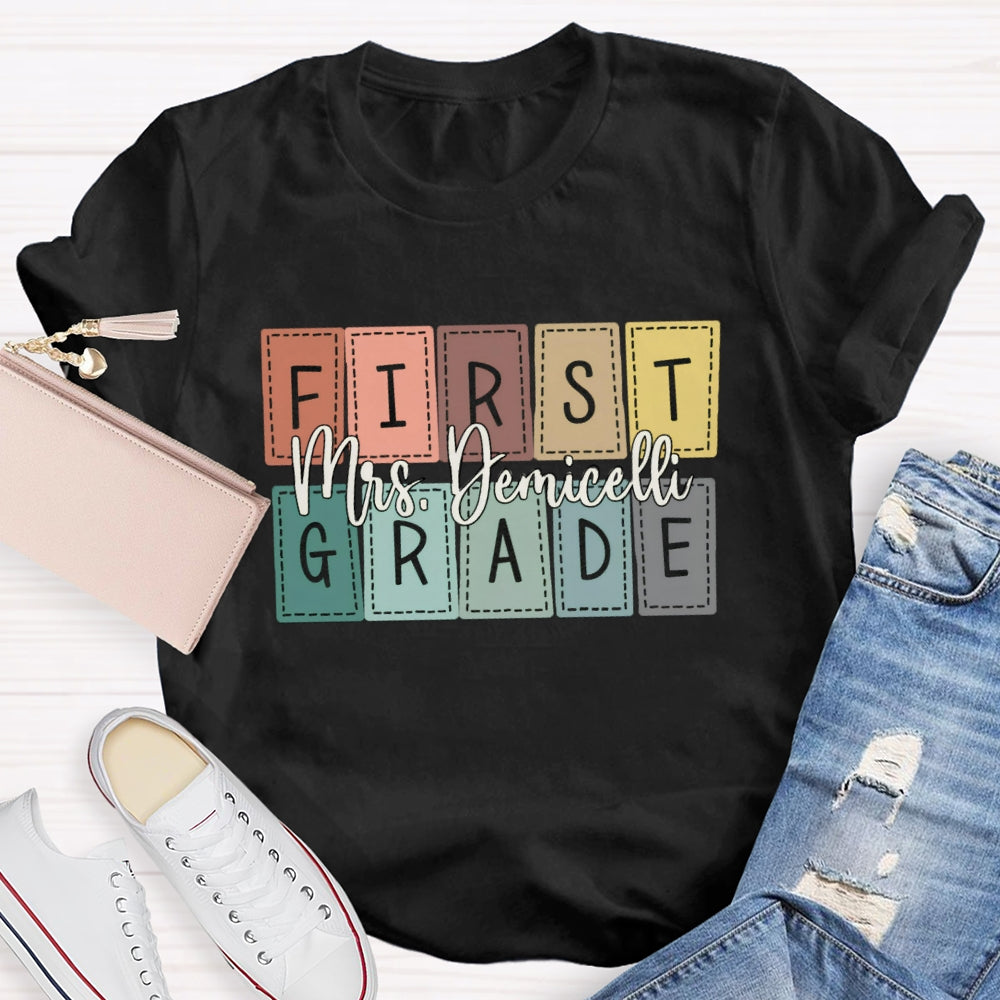 Personalized Name And Grade First Grade Colored Small Squares T-shirt