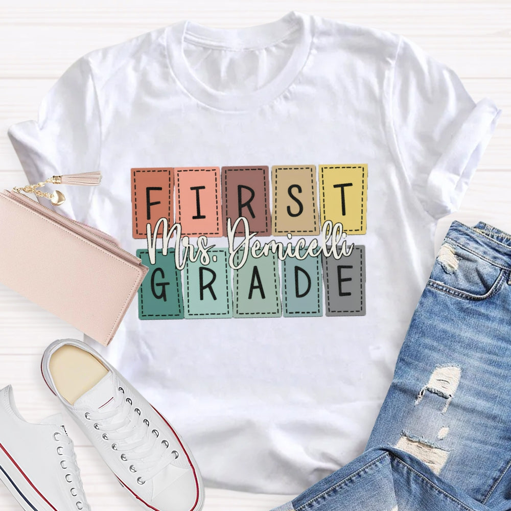 Personalized Name And Grade First Grade Colored Small Squares T-shirt