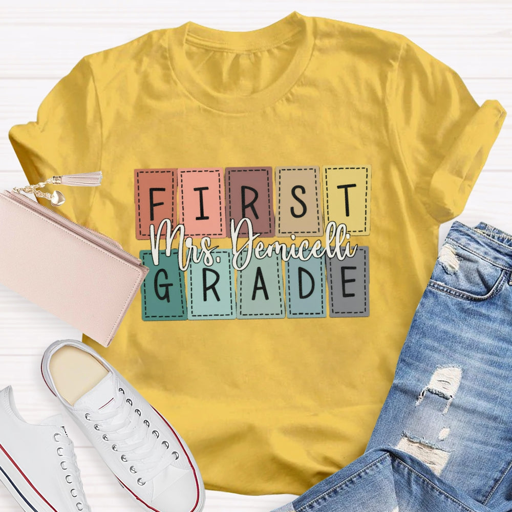 Personalized Name And Grade First Grade Colored Small Squares T-shirt