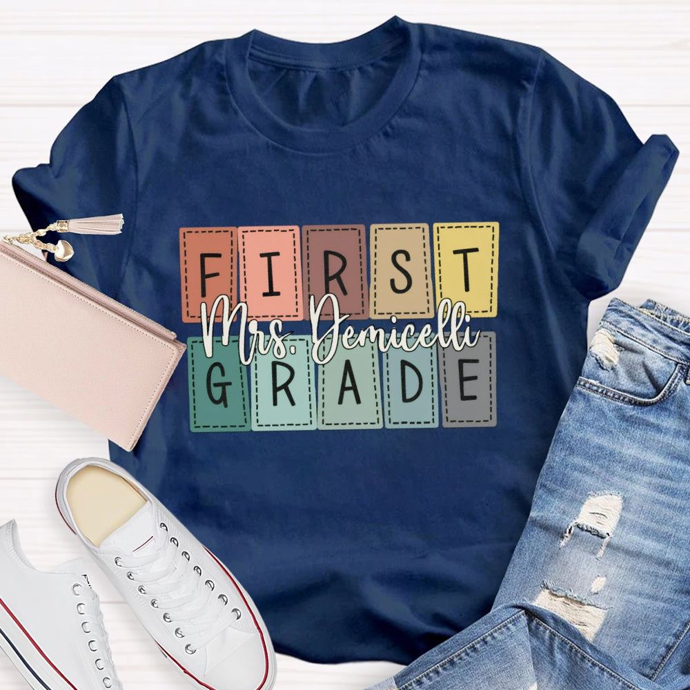 Personalized Name And Grade First Grade Colored Small Squares T-shirt
