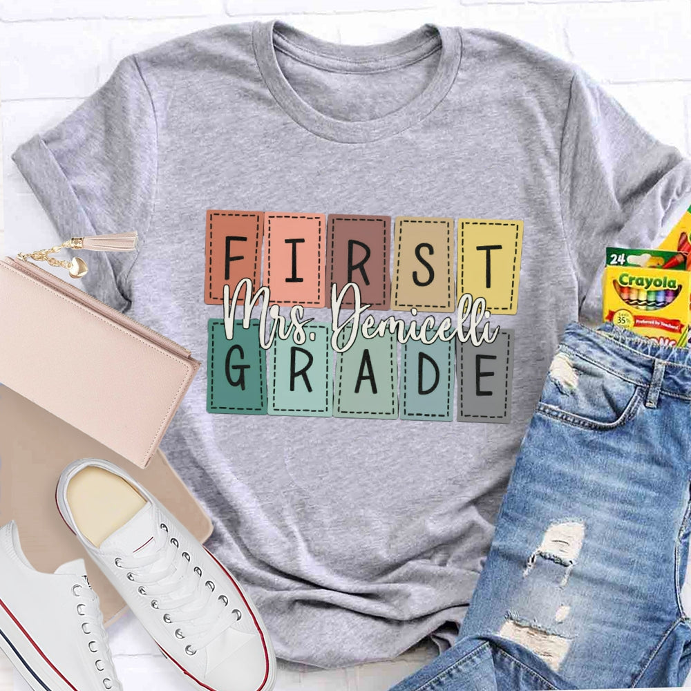 Personalized Name And Grade First Grade Colored Small Squares T-shirt