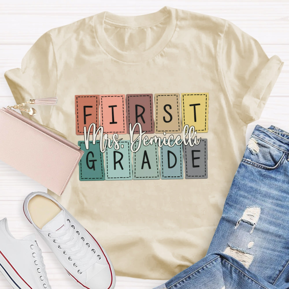 Personalized Name And Grade First Grade Colored Small Squares T-shirt