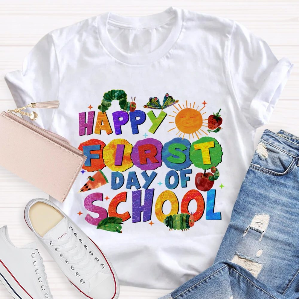 Happy First Day Of School Sun And Caterpillar Teacher T-shirt
