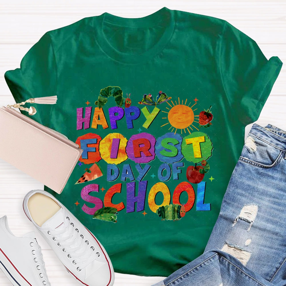 Happy First Day Of School Sun And Caterpillar Teacher T-shirt