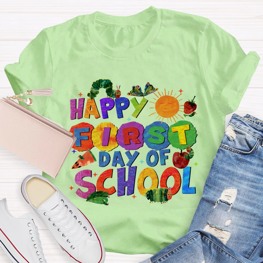 Happy First Day Of School Sun And Caterpillar Teacher T-shirt