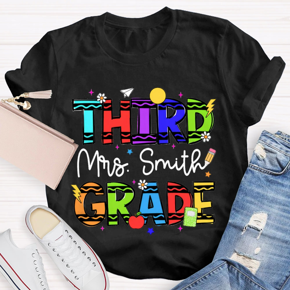 Personalized Name And Grade Third Grade Colorful Wavy Letters T-shirt