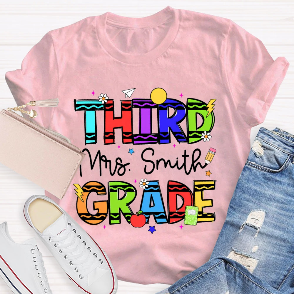 Personalized Name And Grade Third Grade Colorful Wavy Letters T-shirt