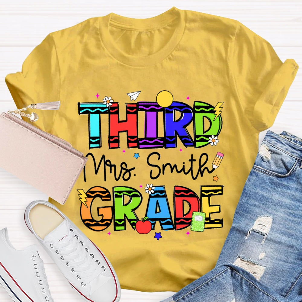 Personalized Name And Grade Third Grade Colorful Wavy Letters T-shirt