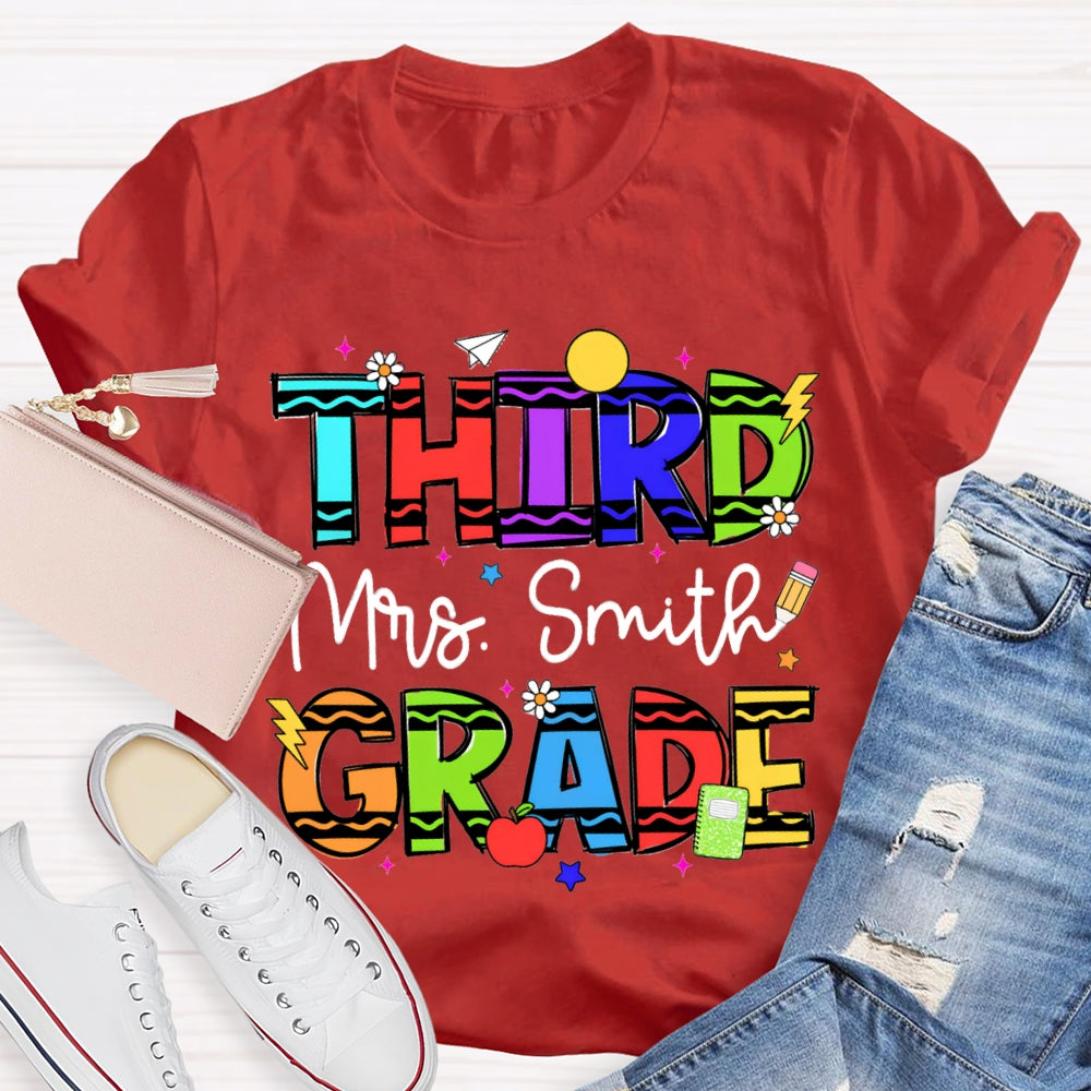 Personalized Name And Grade Third Grade Colorful Wavy Letters T-shirt