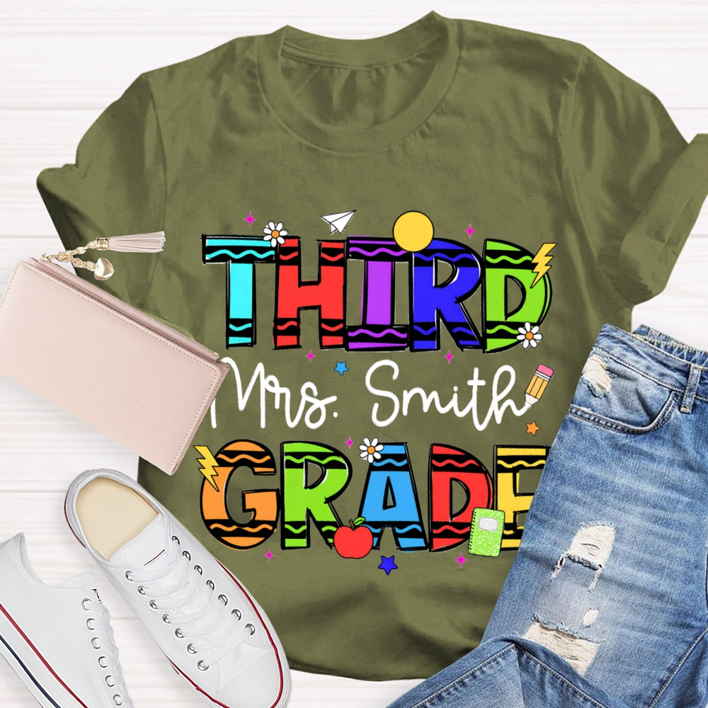 Personalized Name And Grade Third Grade Colorful Wavy Letters T-shirt