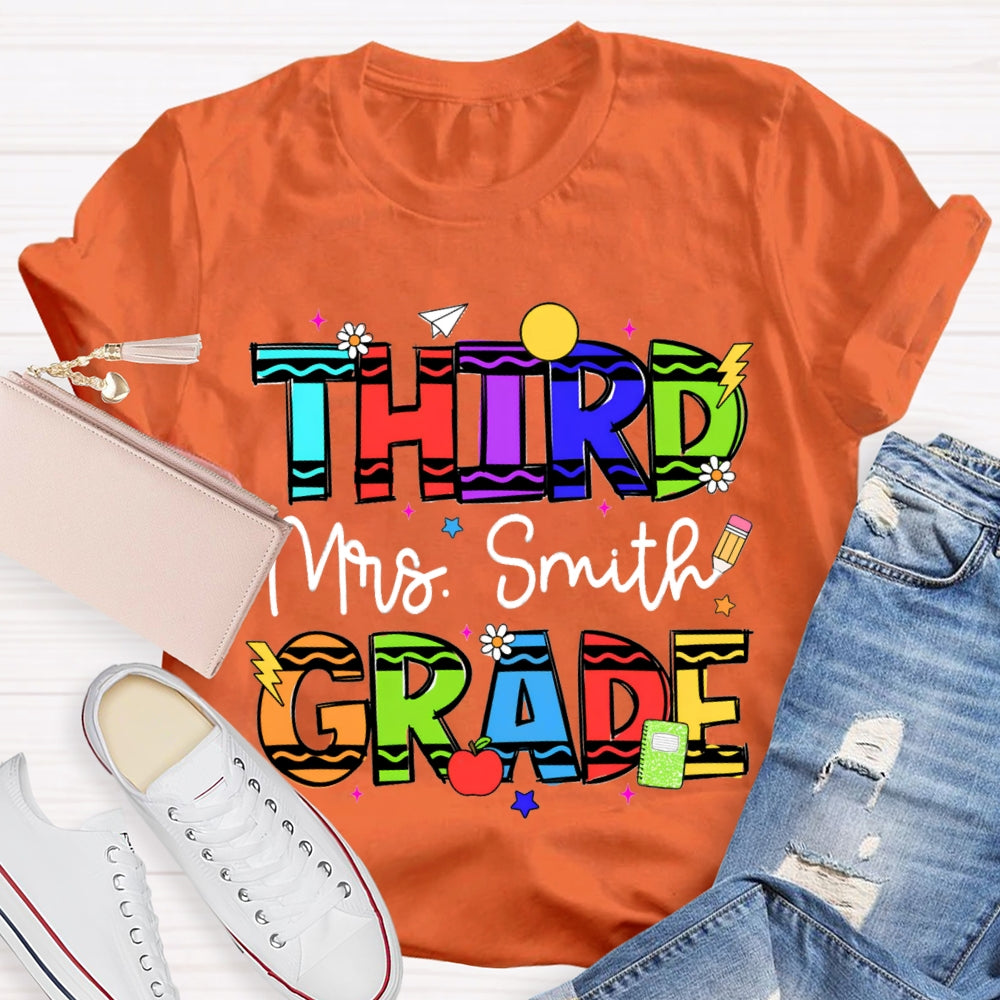 Personalized Name And Grade Third Grade Colorful Wavy Letters T-shirt