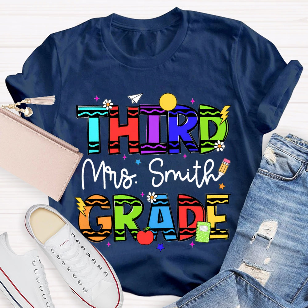 Personalized Name And Grade Third Grade Colorful Wavy Letters T-shirt