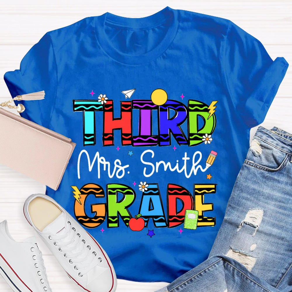Personalized Name And Grade Third Grade Colorful Wavy Letters T-shirt