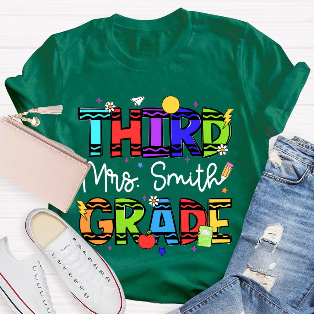 Personalized Name And Grade Third Grade Colorful Wavy Letters T-shirt