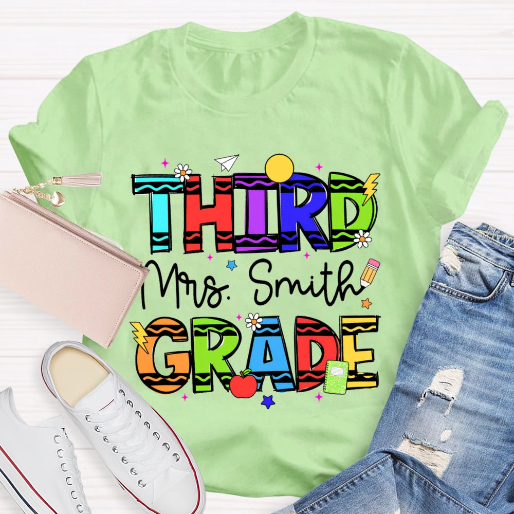 Personalized Name And Grade Third Grade Colorful Wavy Letters T-shirt