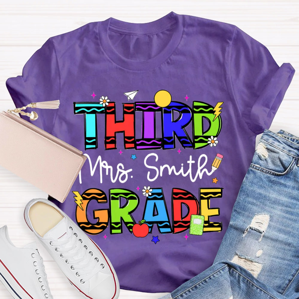 Personalized Name And Grade Third Grade Colorful Wavy Letters T-shirt
