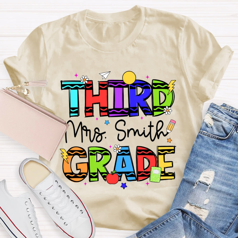 Personalized Name And Grade Third Grade Colorful Wavy Letters T-shirt