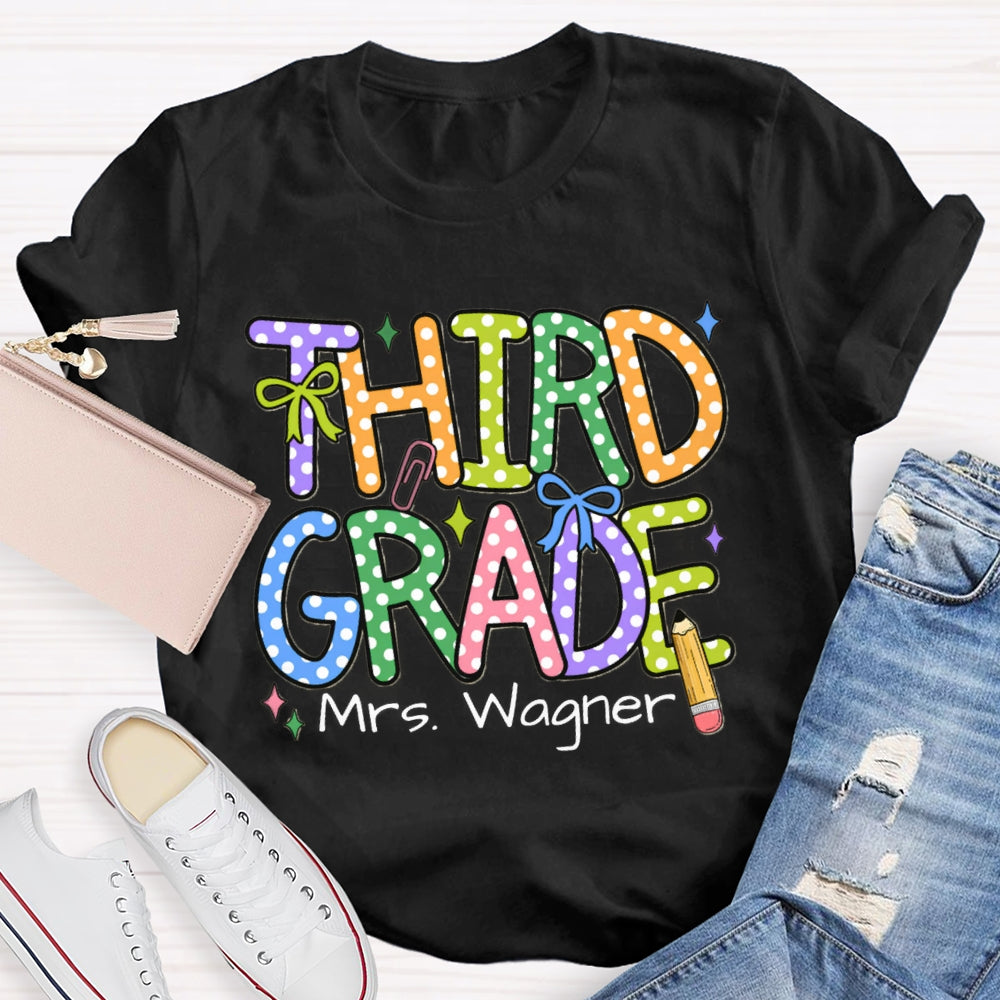 Personalized Name And Grade Colorful Polka Dot Letter Print T-shirt