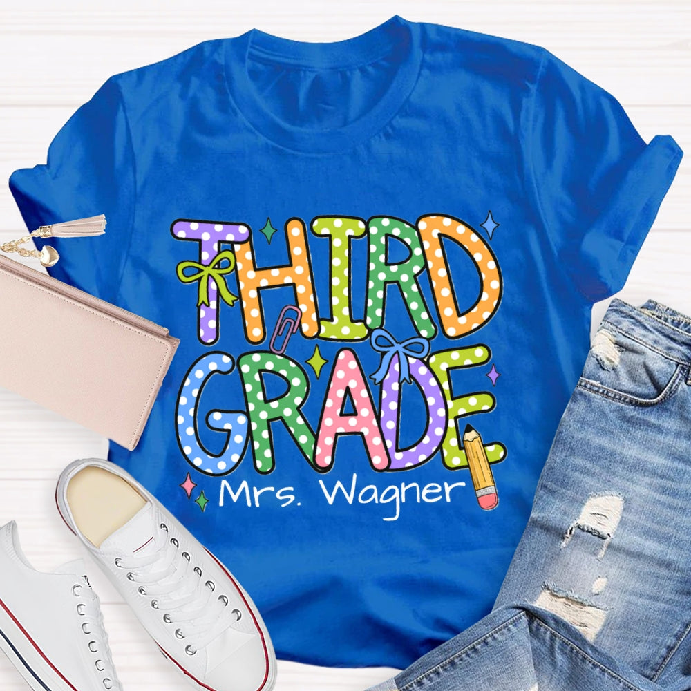 Personalized Name And Grade Colorful Polka Dot Letter Print T-shirt