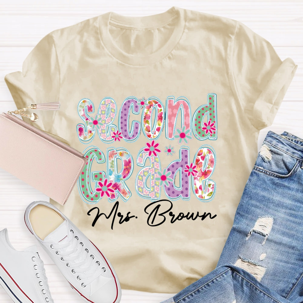 Personalized Name And Grade Second Grade Colorful Gradient Printed Letters T-shirt