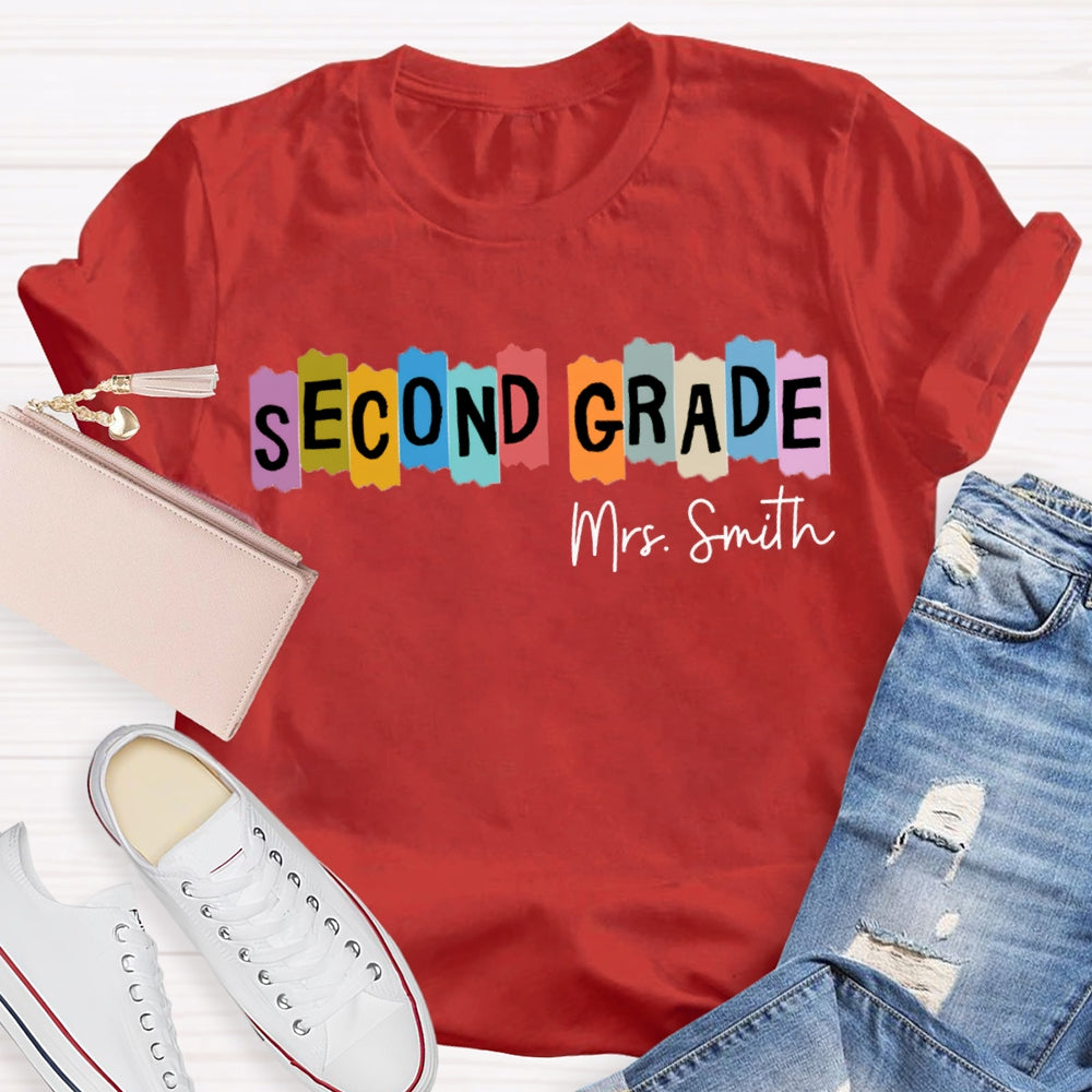 Personalized Name And Grade Second Grade Colored Squares Teacher T-shirt