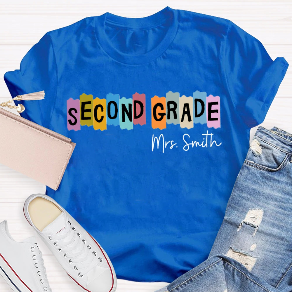 Personalized Name And Grade Second Grade Colored Squares Teacher T-shirt