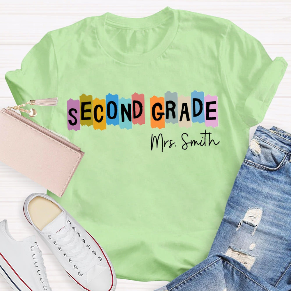 Personalized Name And Grade Second Grade Colored Squares Teacher T-shirt