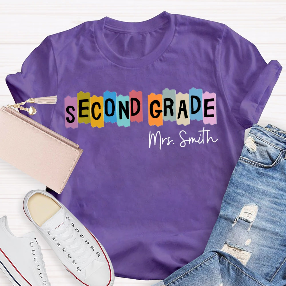 Personalized Name And Grade Second Grade Colored Squares Teacher T-shirt