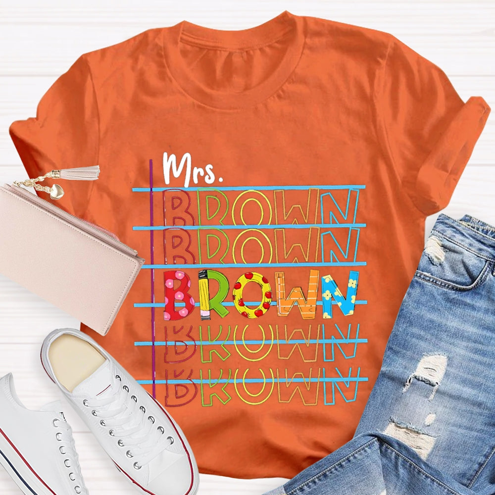 Personalized Name Colorful Line Letter Print Teacher T-shirt