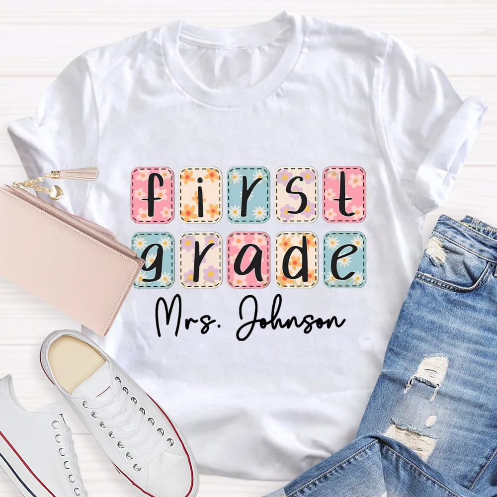 Personalized Name And Grade First Grade Colorful Square Tie-Dye Print T-shirt