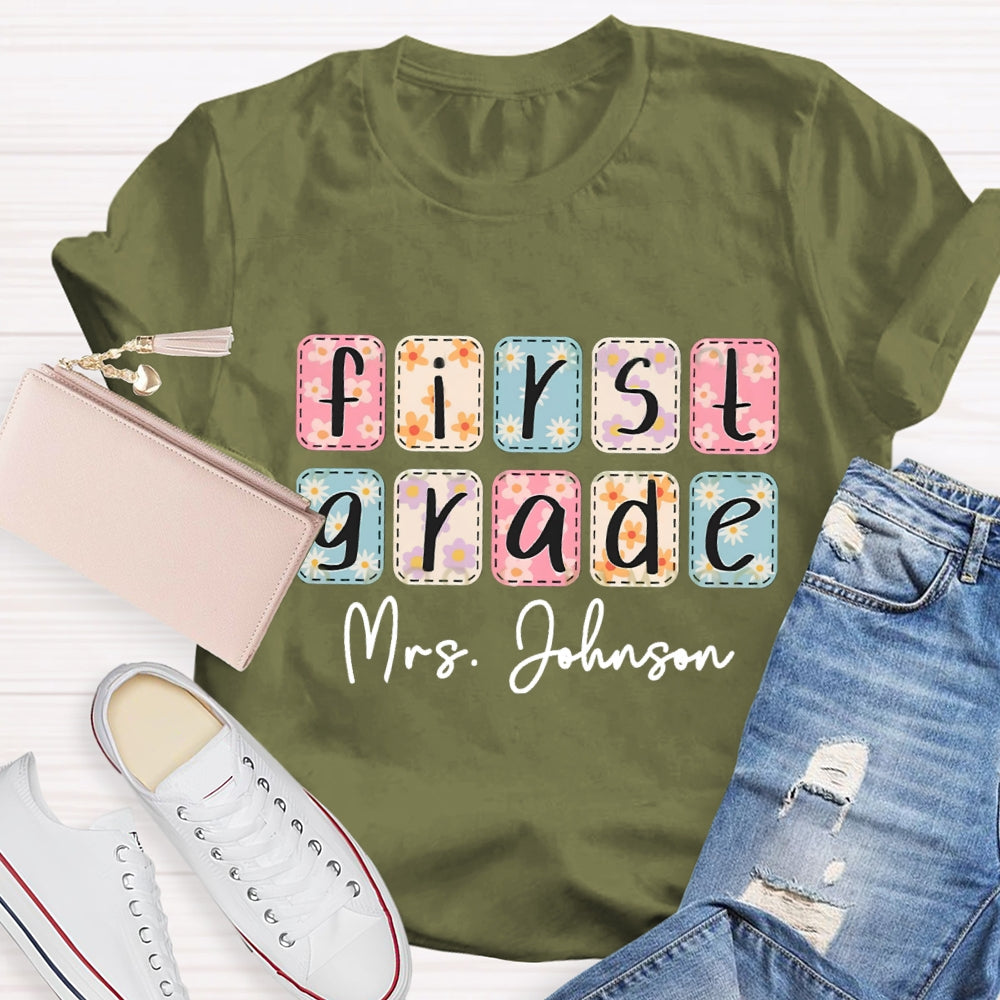 Personalized Name And Grade First Grade Colorful Square Tie-Dye Print T-shirt