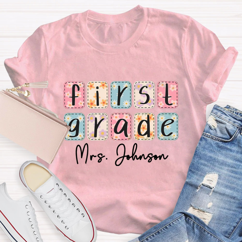 Personalized Name And Grade First Grade Colorful Square Tie-Dye Print T-shirt