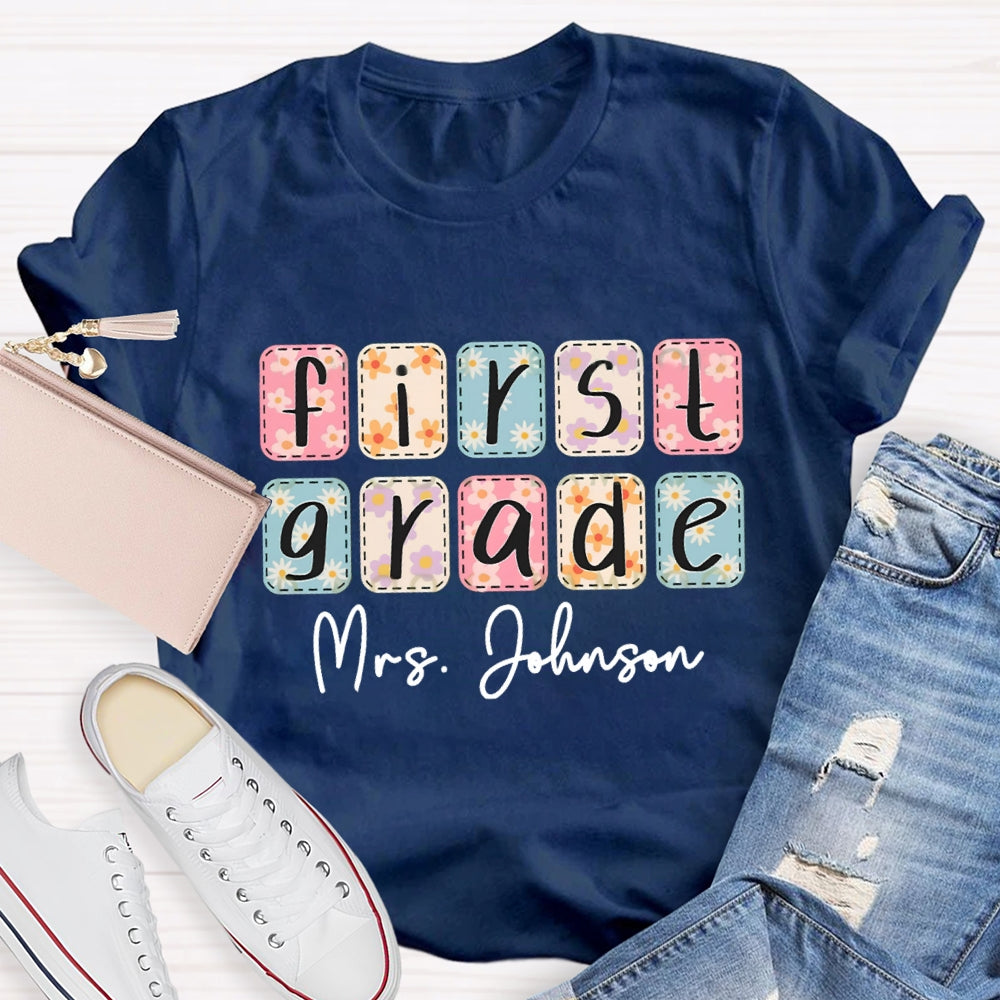 Personalized Name And Grade First Grade Colorful Square Tie-Dye Print T-shirt