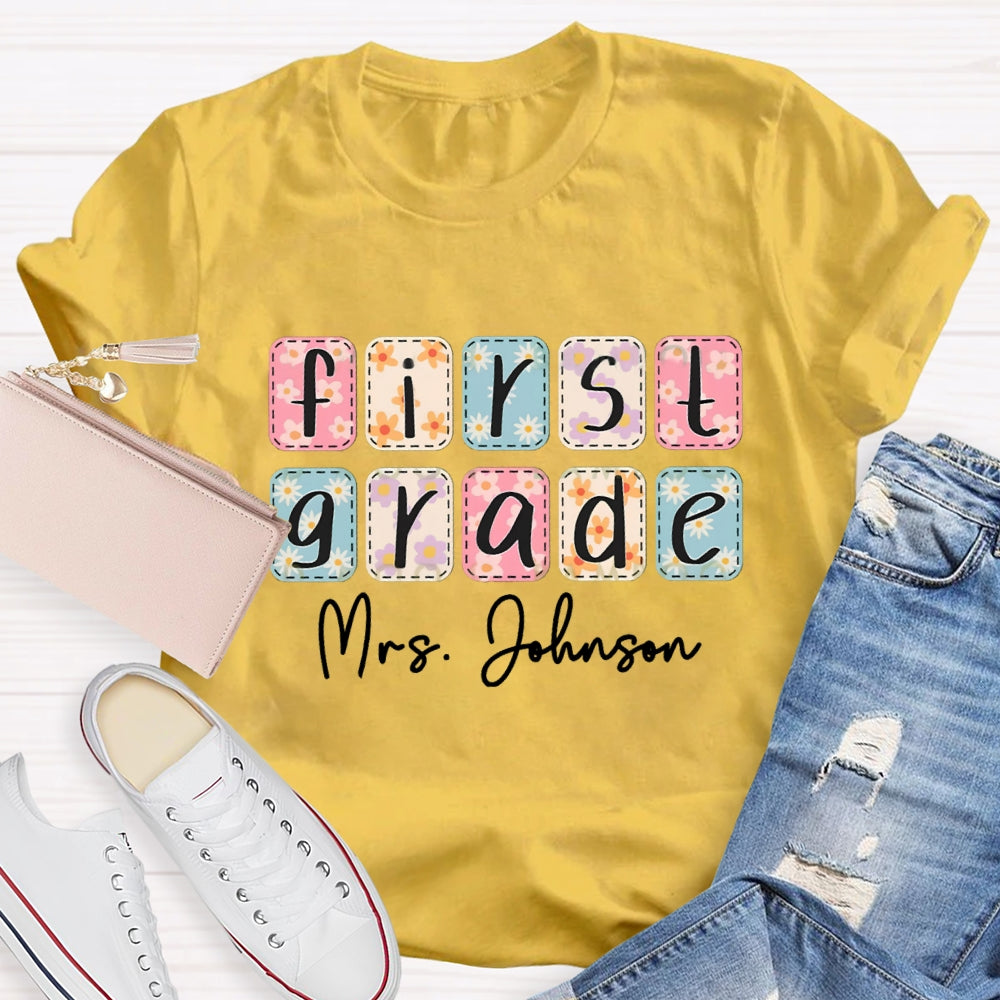 Personalized Name And Grade First Grade Colorful Square Tie-Dye Print T-shirt