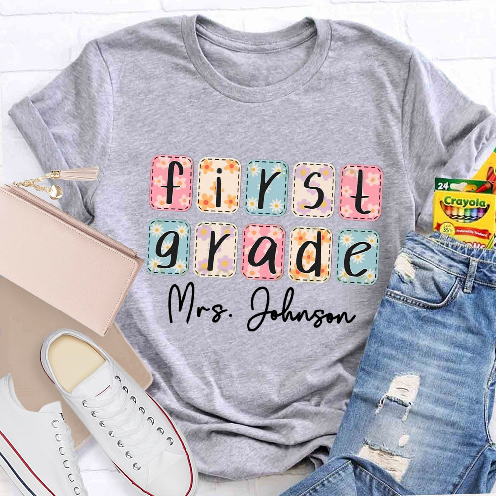 Personalized Name And Grade First Grade Colorful Square Tie-Dye Print T-shirt