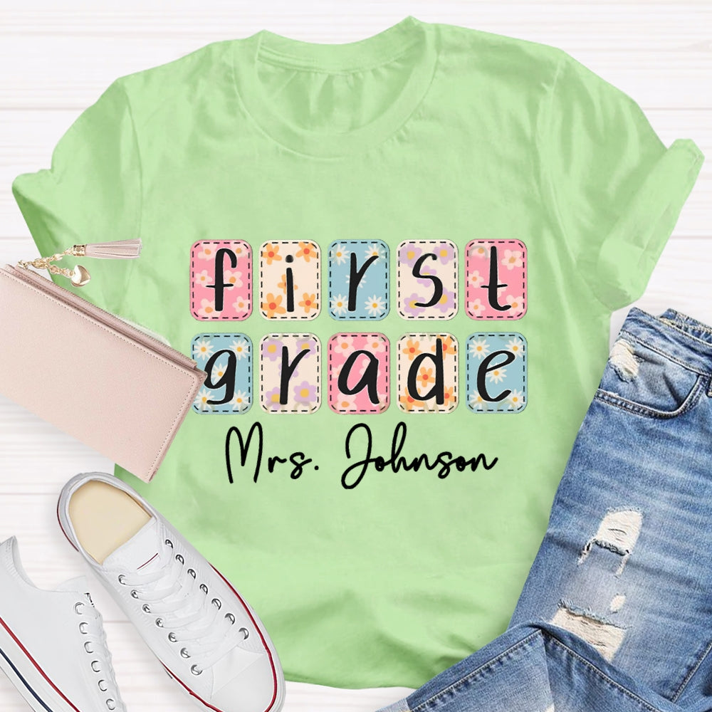 Personalized Name And Grade First Grade Colorful Square Tie-Dye Print T-shirt